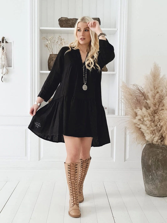 RIANNA LEINEN KLEID, schwarz