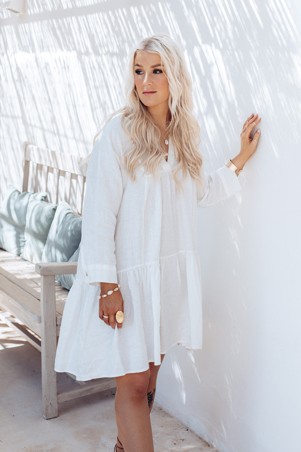 RIANNA LEINEN KLEID, weiss