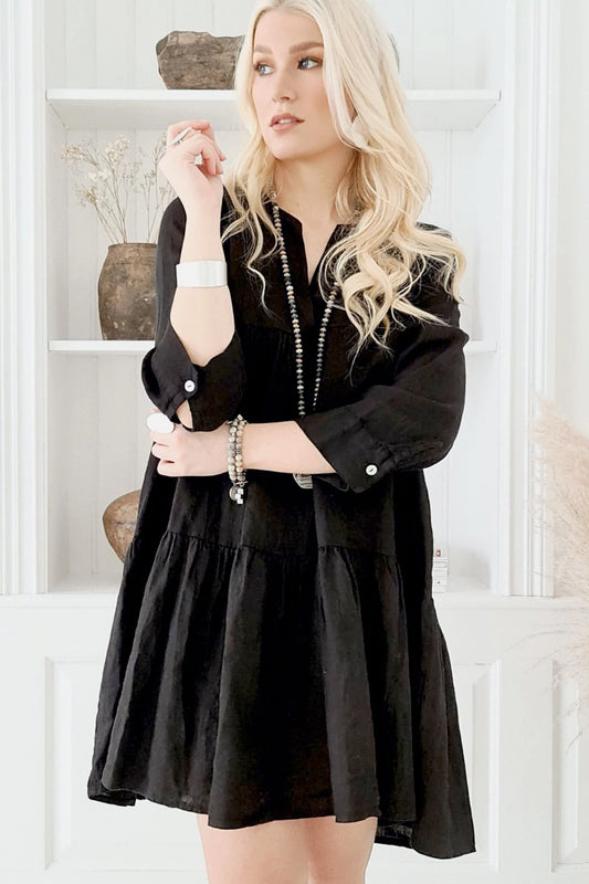 RIANNA LEINEN KLEID, schwarz