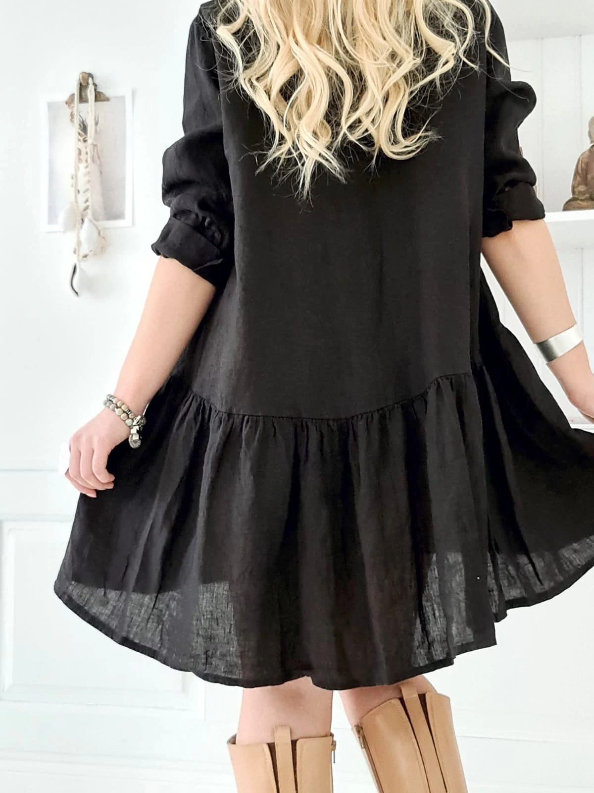 RIANNA LEINEN KLEID, schwarz